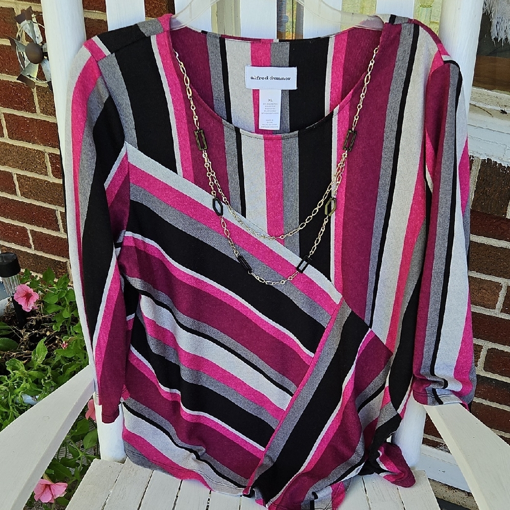 Alfred Dunner Pink, Black, and Gray Striped Top